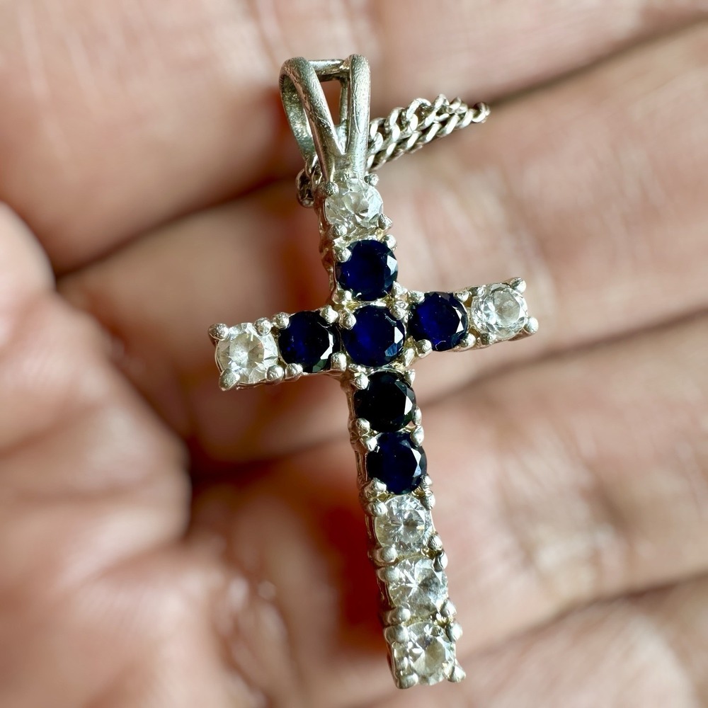 VTG Cross Pendant Necklace 18 Inch Natural Blue White Sapphire 925 Sterling 6.2g